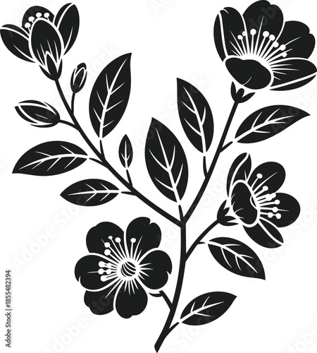 Blooming branch silhouette vector with detailed flowers and leaves