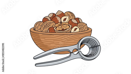 Bowl of Assorted Nuts with Nutcracker Illustration.