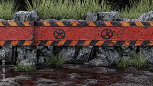 A weathered quarantine barrier with hazard symbols and overgrown vegetation in a restricted zone