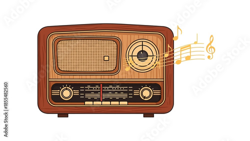 Vintage wooden radio playing music with notes emanating from speaker.