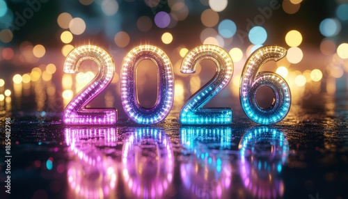 Glowing 2026 numbers in a vibrant 3d neon style reflecting on a dark, wet surface with colorful bokeh.