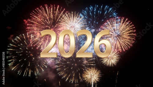 High-contrast digital 2026 numbers shimmering gold over a colorful, festive fireworks celebration in the dark night sky.