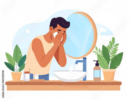 A man washing his face at a bathroom sink with a mirror and green potted plants in a flat illustration style.
