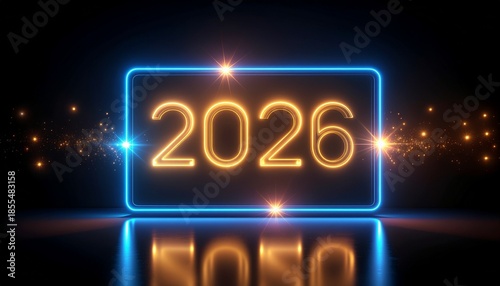 The energetic orange 2026, a futuristic 3d render, glows brightly inside a blue neon frame on a dark background.