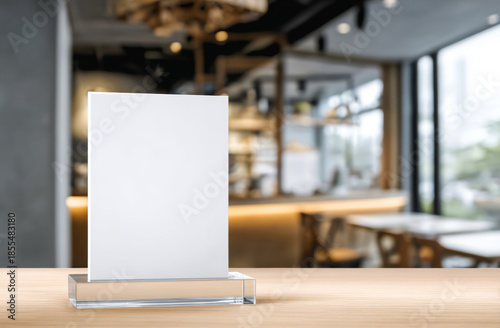 Wallpaper Mural Blank white a4-sized menu holder with a sleek smooth surface and sturdy transparent base sitting on a wooden table in a modern cafe setting Torontodigital.ca