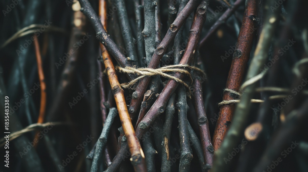 Fototapeta premium Bundled dry branches tied together for firewood or resources