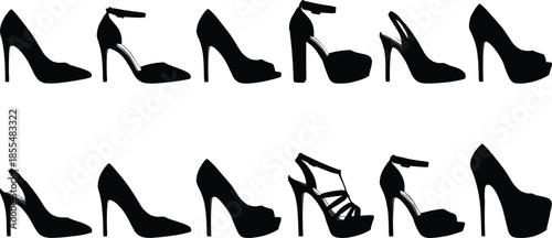 High heel shoe silhouettes set, elegant women footwear collection, fashion stiletto pumps isolated on white background vector illustration modern design
