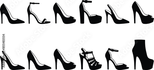 High heel shoe silhouettes set, women fashion footwear collection, stiletto pumps and platform heels isolated on white background vector illustration