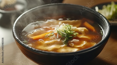 Delicious hot dumplings stewed in broth with vegetables