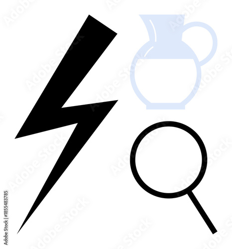 Black lightning bolt, magnifying glass, and translucent water pitcher symbolizing energy, investigation, and sustainability. Ideal for research, science, energy, environmental discovery innovation
