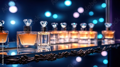 Display of luxury perfume bottles on a mirrored shelf
