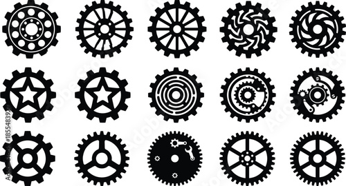 Industrial gear icons set black silhouette mechanical cogwheel collection vector design isolated on white background for engineering technology concepts industry