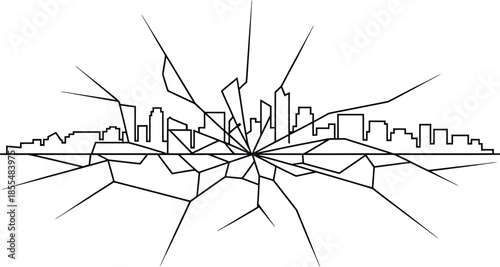 Broken cityscape concept with cracked city and shattered glass vector illustration