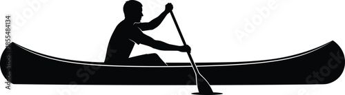 Man canoeing silhouette, black illustration paddling kayak outdoor sport adventure vector isolated on white background water activity design concept art