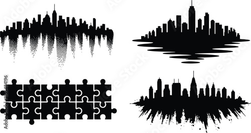 City skyline silhouette set with jigsaw puzzle urban landscape vector illustration