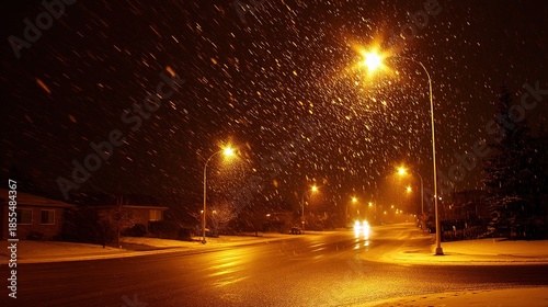 Snowy Night Street Scene with Streetlights

