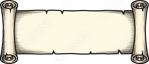 Antique parchment scroll illustration, vintage paper banner with rolled edges, classic old manuscript frame background, retro document design
