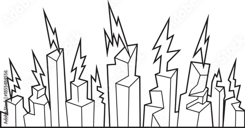 Geometric city skyline vector design with thunderstorm and lightning strikes