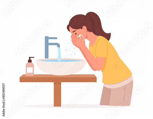A woman with brown hair is washing her face with water from a faucet over a white basin, with a soap dispenser nearby.