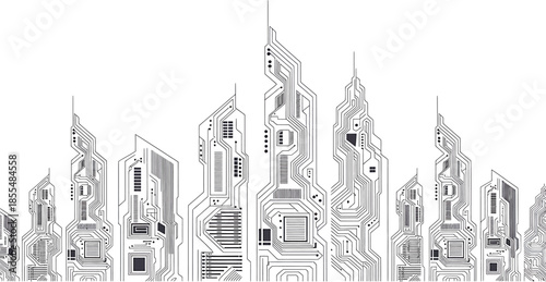 Futuristic digital city illustration on transparent background of network skyline