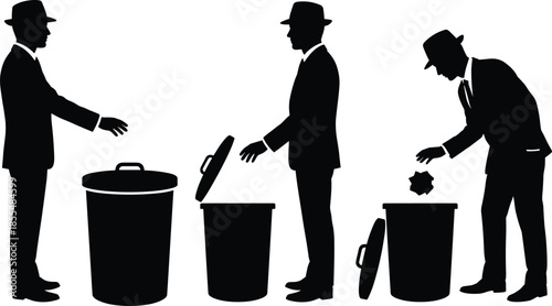 Man throwing trash into bin silhouette set waste disposal concept isolated on white background vector illustration recycling hygiene cleanliness management