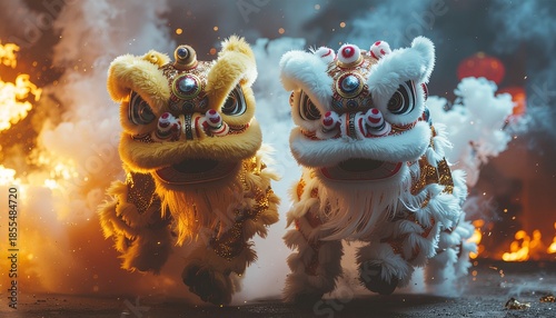 dragon and lion dance show in chinese new year festival 