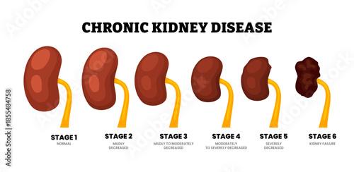 Stages of chronic kidney disease stages. From normal, mildly, moderate to kidney failure. Mildly decreased, to Kidney failure. Renal dysfunction. GFR test result. Flat vector illustration.