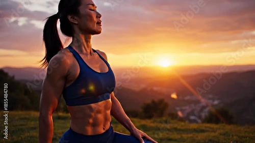 Athletic woman meditating in serene nature at golden sunset, showcasing strong abs and peaceful wellness