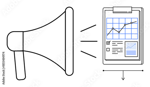 Marketing, data analysis, business growth, communication, advertising strategy, digital promotion. Megaphone emitting sound waves toward a clipboard with data charts. Marketing and data analysis