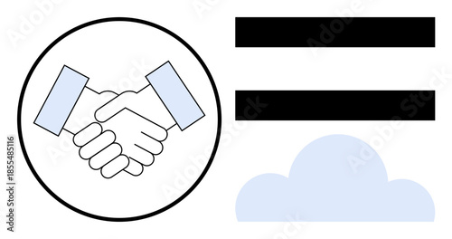 Handshake in circle, bold equality symbol, light cloud below. Ideal for teamwork, unity, equality, partnership, negotiation trust-building collaboration concepts. Clean simple flat metaphor