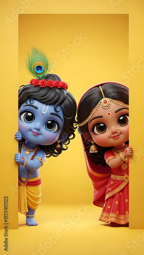 Cute cartoon depiction of Lord Krishna and Radha peeking from behind yellow walls, with big eyes and traditional attire.