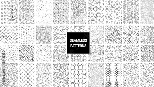 Collection of 28 different black and white seamless geometric patterns on white background