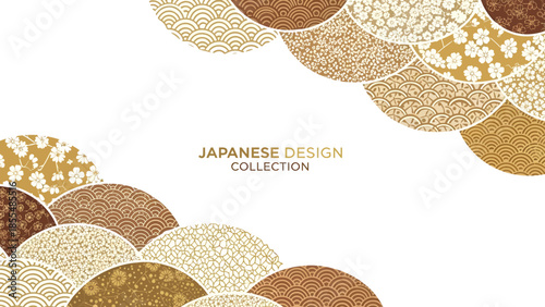Collection of traditional Japanese design elements in gold and brown hues on white