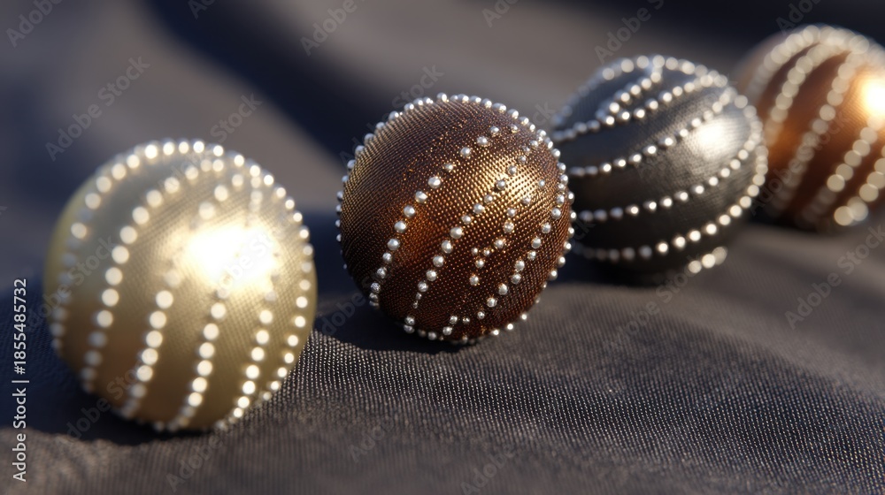 Fototapeta premium Decorative spherical objects with intricate bead patterns in various colors aligned on a dark fabric backdrop