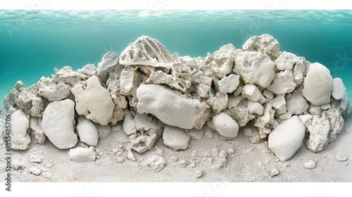 Fossilized coral reef skeletal remains artfully arranged on sandy seabed with turquoise water background