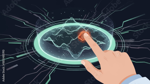 Human Finger Interacting with Futuristic Digital Interface.