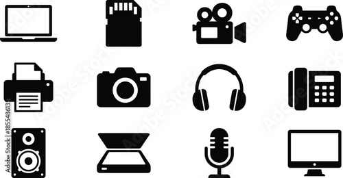 Technology device icons set black silhouette collection multimedia electronics gadgets vector illustration isolated on white background for digital media design