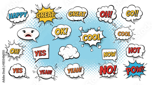 Collection of comic speech bubbles with various expressions and emotions on blue background