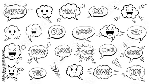 Collection of black and white comic speech bubbles with various expressions and emotions