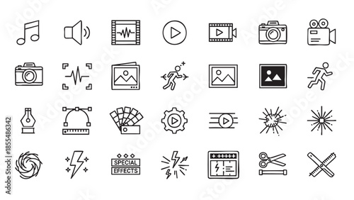 Collection of multimedia and editing icons for creative projects