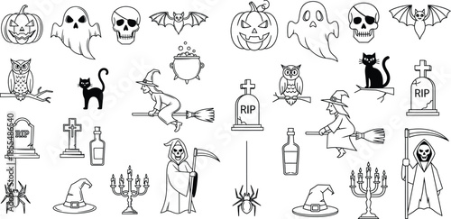 Halloween outline illustration featuring bat, pumpkin, ghost, skull, tombstone, witch, and grim reaper