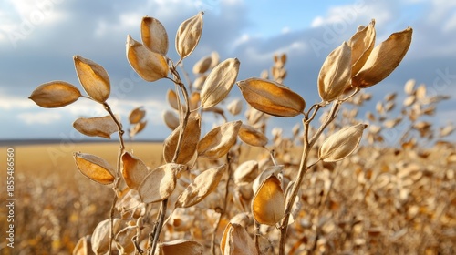 Dried brittle seed pods hang on delicate plant stems against a blurred background of a dry field and cloudy sky