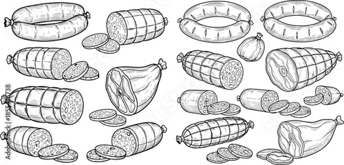 Handdrawn meat assortment pattern with sliced salami, sausage and prosciutto cuts in detailed line art style