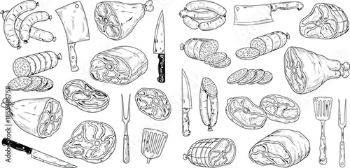 Handdrawn meat products assortment with steak, sausage, and butcher tools sketched pattern