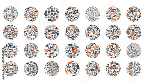 Collection of 21 abstract geometric patterns in orange, blue, and white hues