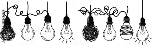 Hanging light bulbs collection, different styles with wiring, illustration, concept development, and creative inspiration