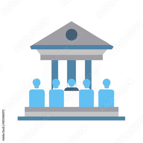 Minimalist illustration of courthouse with figures representing legal proceedings
