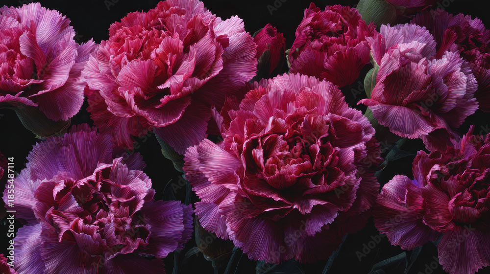 Obraz premium Vivid pink and purple carnations with ruffled textured petals arranged in a floral pattern