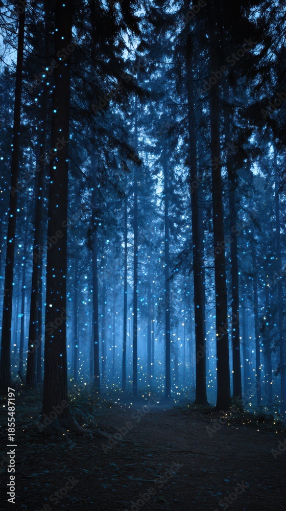 Fototapeta premium Enchanted night forest with futuristic glowing lights for nature and fantasy designs