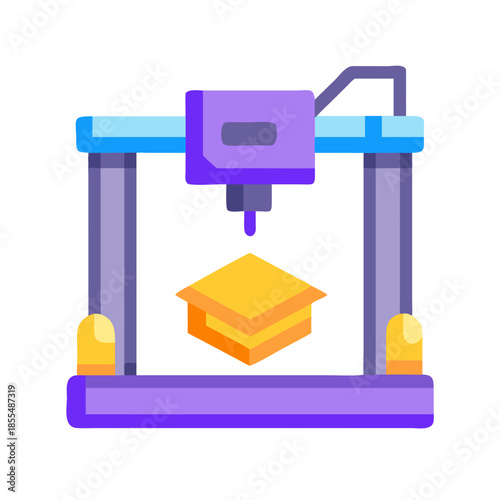 Flat illustration of 3D printer manufacturing an object